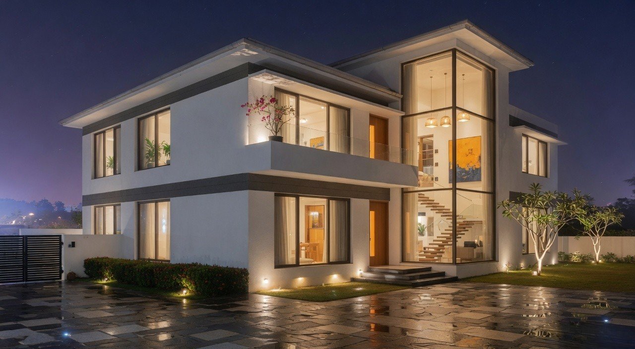 Night facade of a contemporary villa